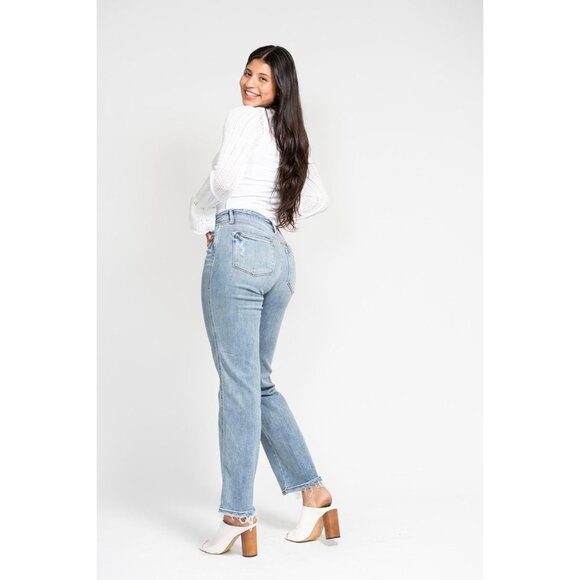 Women’s Mid Rise Dad Jeans with Cell Phone Pocket Blue Relaxed Fit - Picture 9 of 9
